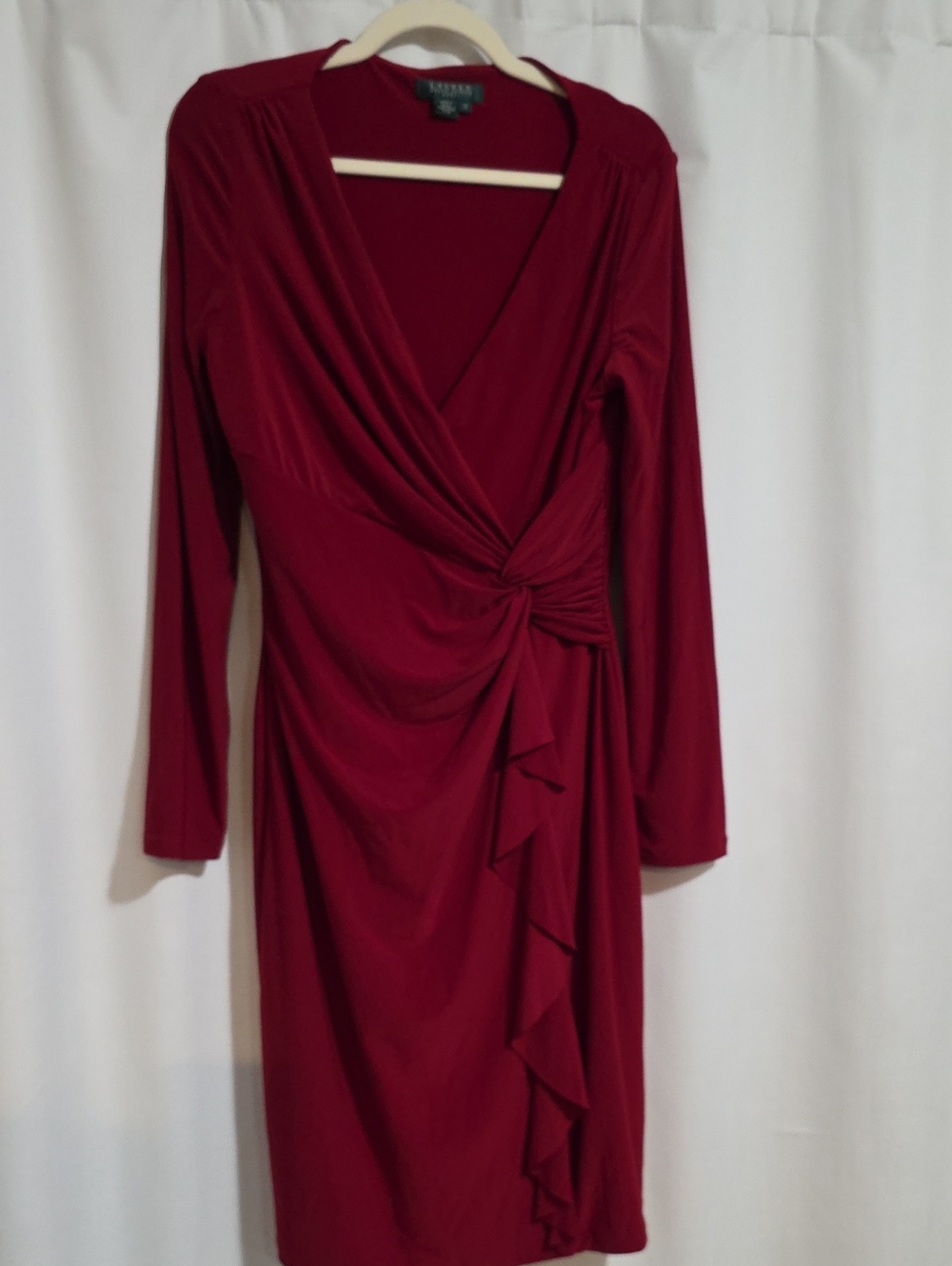 Ralph Lauren Deep Red Wrap Knot Long Sleeve Dress